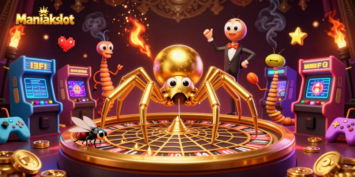 Engage with Maniakslot's dynamic 3D casino scene featuring a golden spider and interactive game elements.