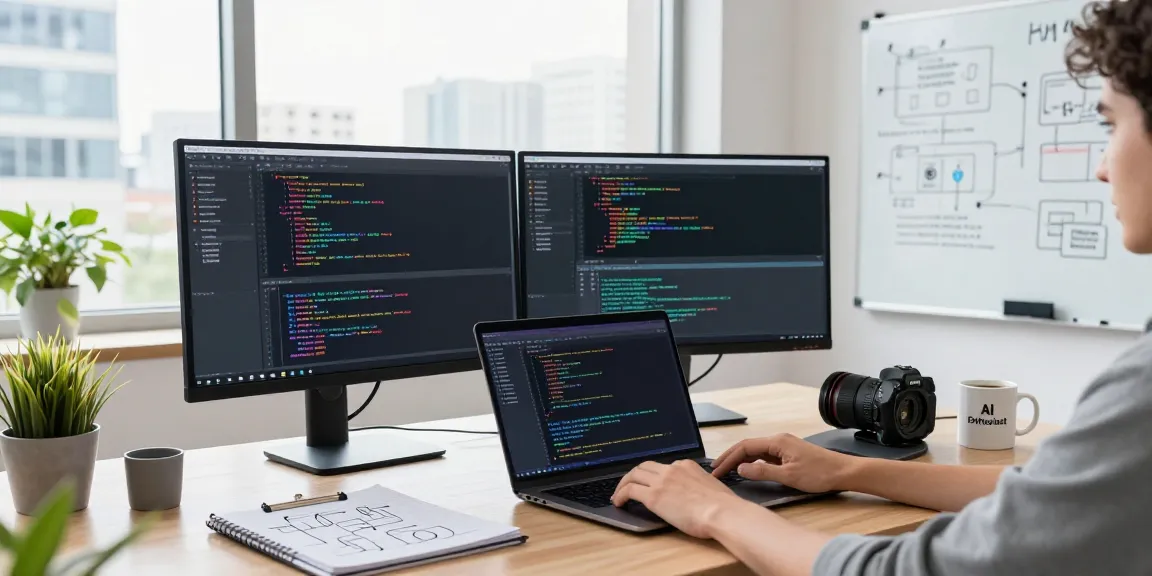Build internal tools with AI in a modern tech workspace with vibrant coding and project collaboration elements.