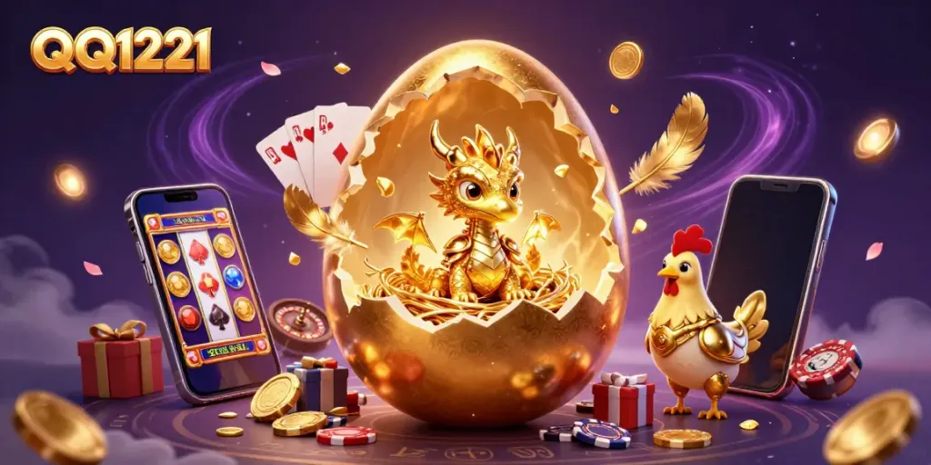 Join the QQ1221 experience with a golden dragon and casino elements bursting with excitement.