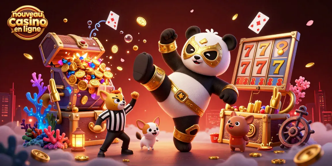 Illustration d'un nouveau casino en ligne avec un panda lutteur et des animaux spectateurs.