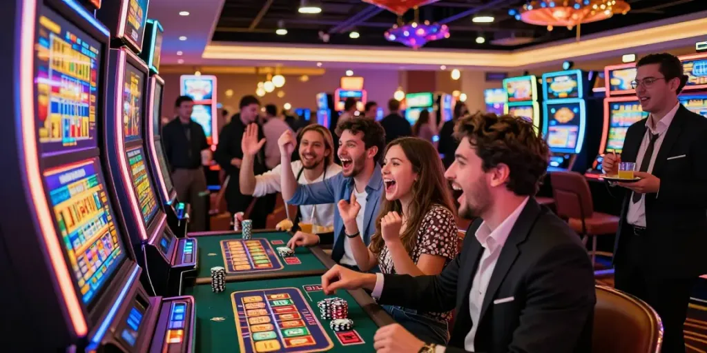 Friends experiencing thrilling slot gacor excitement in a lively casino