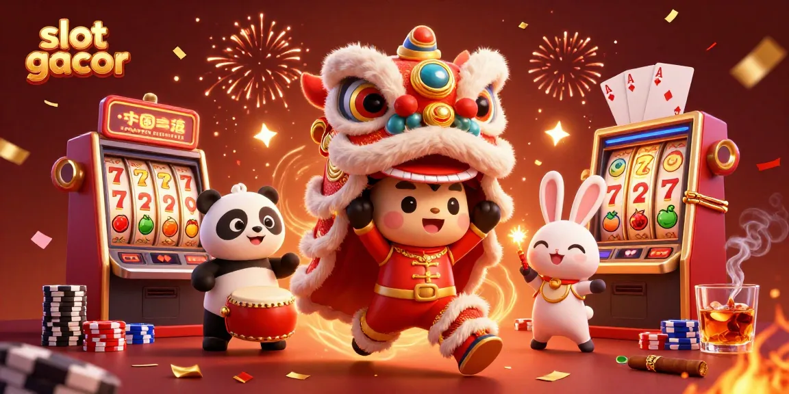 Experience the excitement of slot gacor with a lively lion dance and casino games.