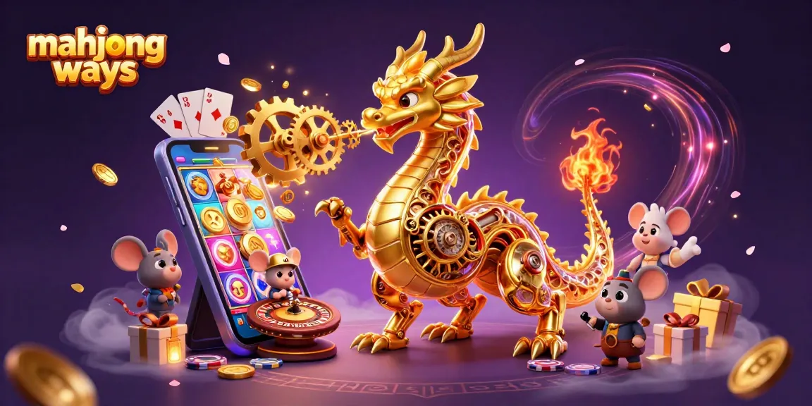 Engage with mahjong ways as a golden dragon displays stunning gears and casino elements in a vibrant scene.