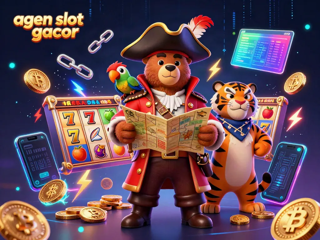 Play exciting slot games with agen slot gacor surrounded by vibrant characters and crypto elements.