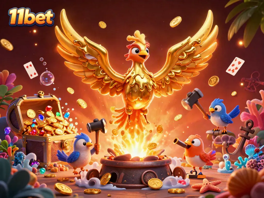 Experience big wins at 11bet with the dynamic illustration of a golden phoenix and casino treasures.