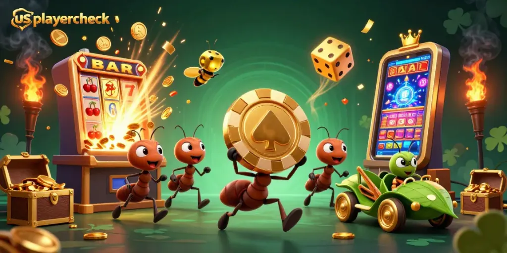 Experience the excitement of usplayercheck with a cartoon scene featuring ants and their golden poker chip heist.