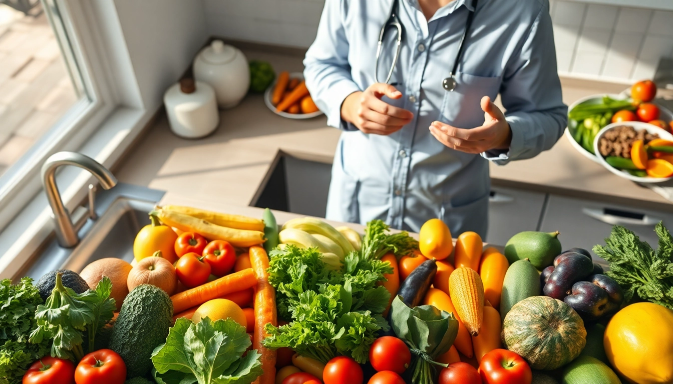 Create an initial nutrition plan using various fresh ingredients displayed on a kitchen counter.