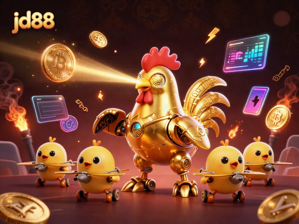 Engage with jd88's thrilling gaming experience featuring a golden rooster robot and crypto elements.