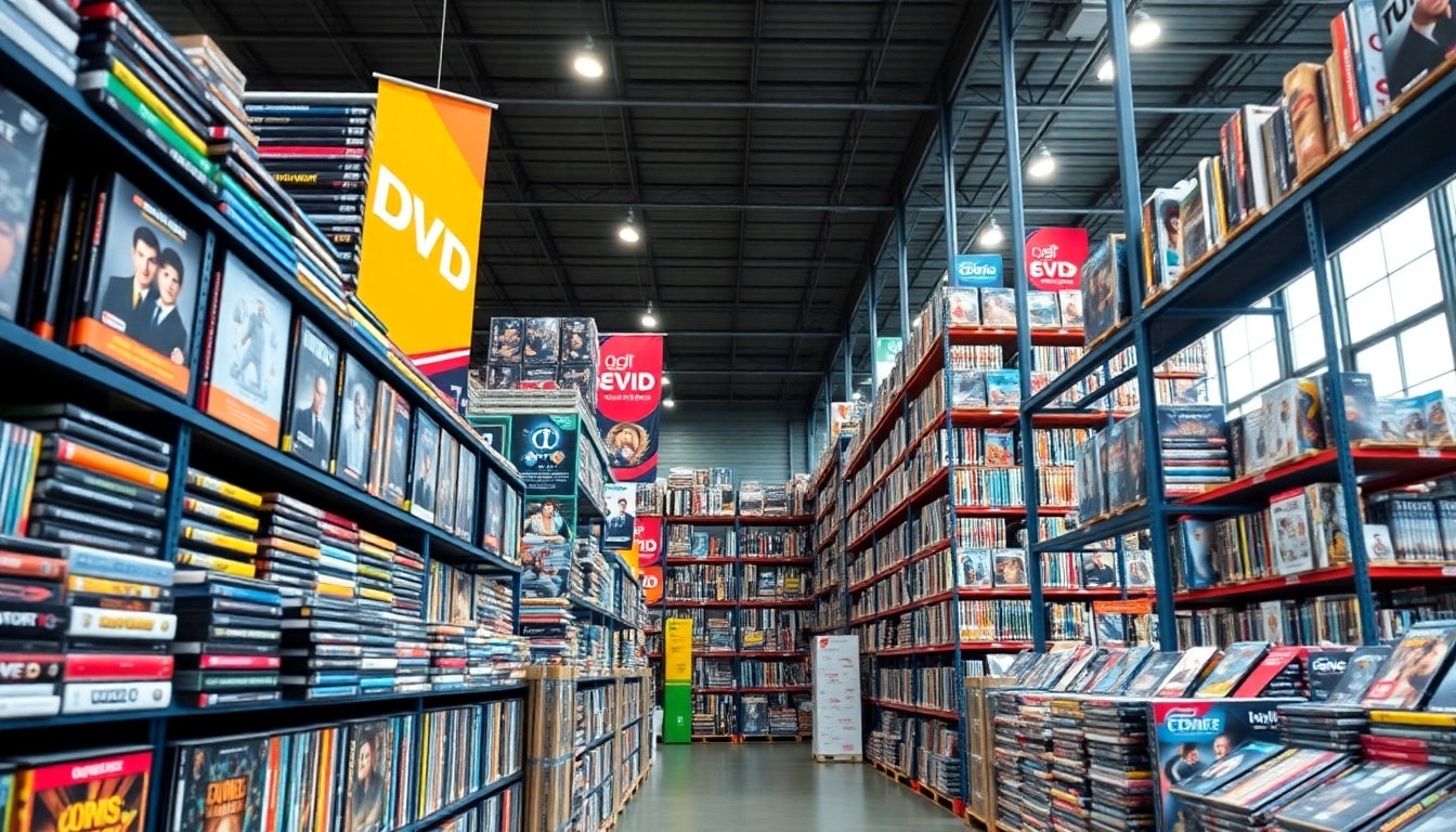 Showcasing a dvd distributor with organized shelves of DVD titles in a vibrant warehouse.