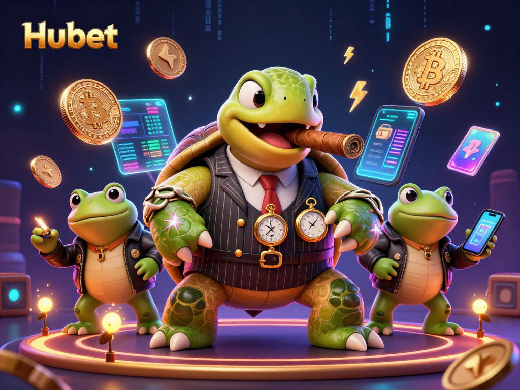 Join the excitement at Hubet, where a snapping turtle in a mobster suit leads with gaming flair amidst glowing crypto coins.