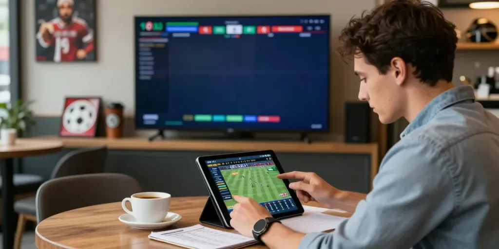 WWBOLA sports betting scene with bettor analyzing game stats at café.