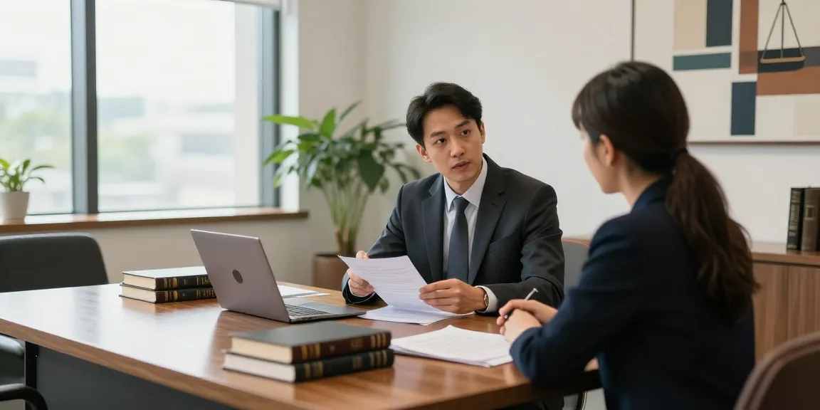Engaging legal consultation scene involving a lawyer discussing a funny post with a client in a modern office.