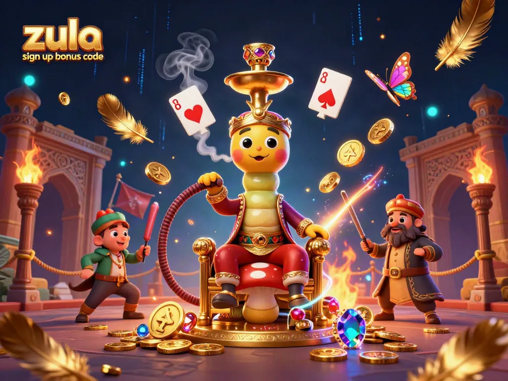 Zula casino sign up bonus code showcased in a vibrant 3D casino scene with game elements and festive effects.