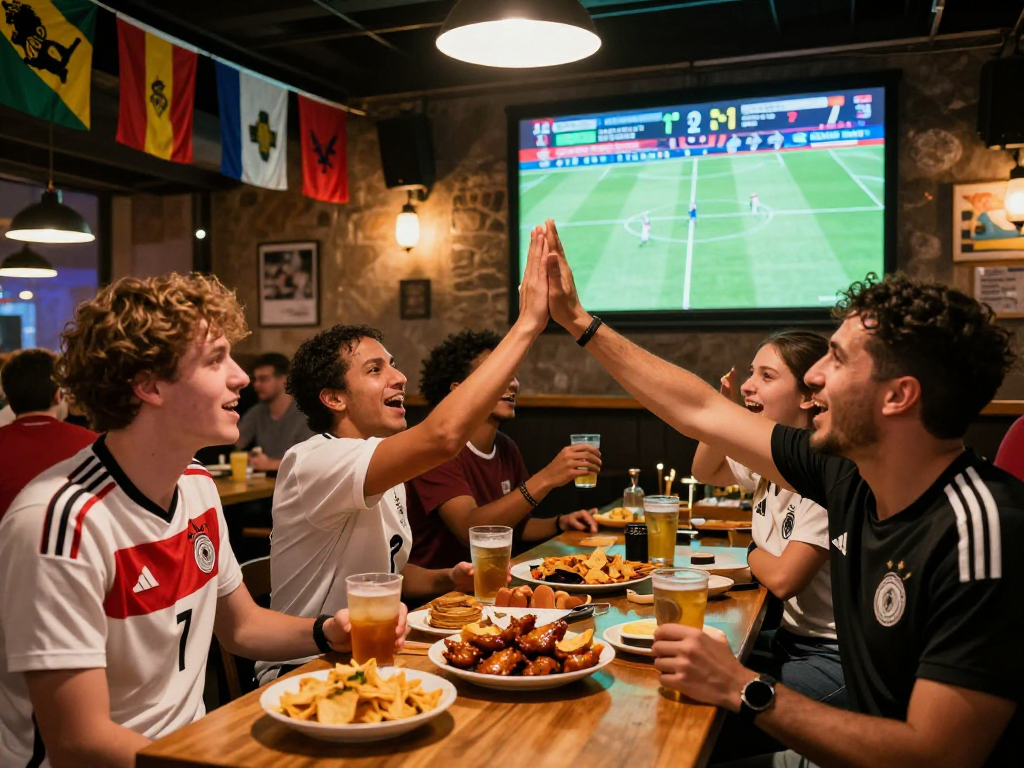 Fans enjoying thefappening at a sports bar during a Germany vs Curaçao World Cup match, showcasing lively atmosphere and team spirit.