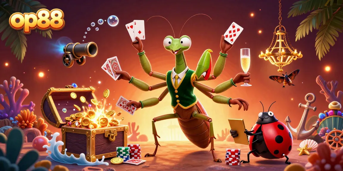op88 engages players in a vibrant casino scene with a mantis dealer, vibrant treasures, and captivating elements.