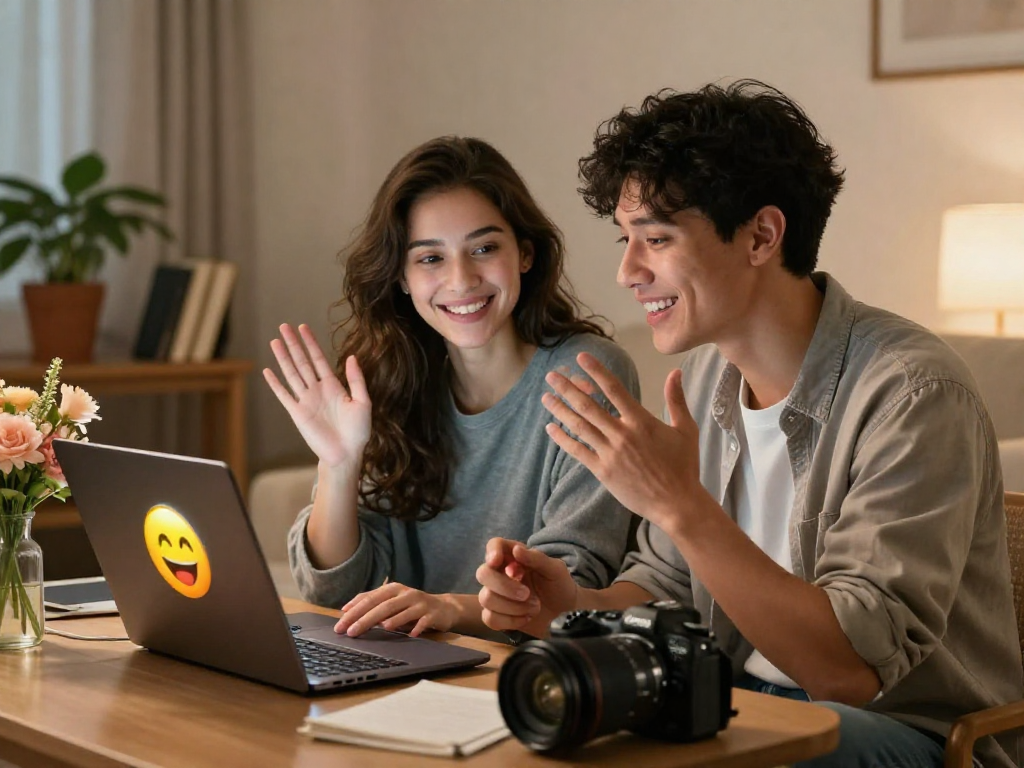 Young couple enjoying AI sexting in a cozy home setting, enhancing communication with digital emojis.