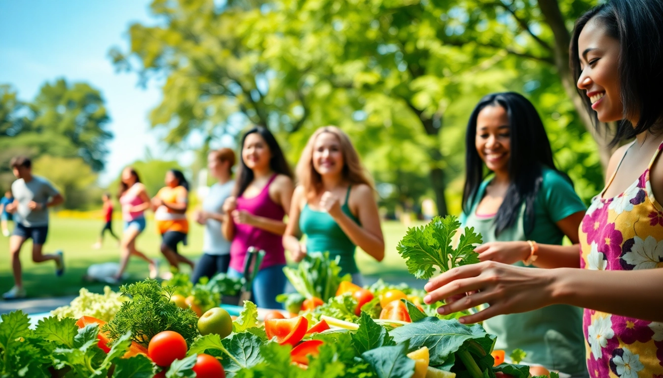 Individuals promoting a Healthy Life by preparing fresh meals and exercising in a community park.