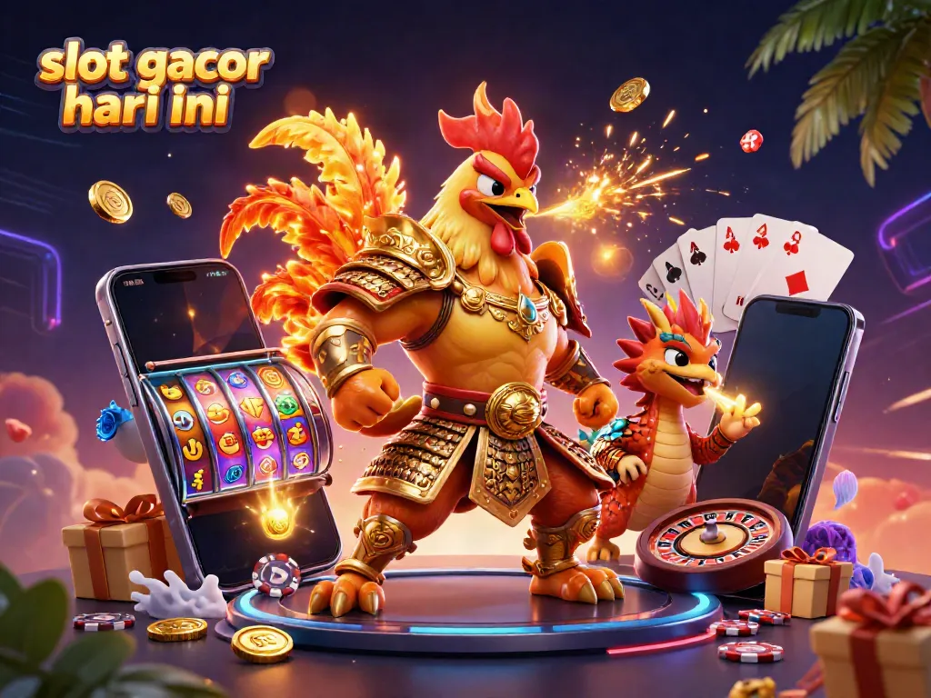 Gambar "slot gacor hari ini" menampilkan ayam jantan pejuang dan naga, dikelilingi elemen permainan kasino.