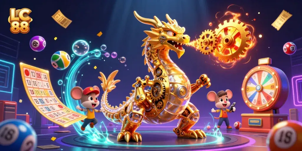 Engage in thrilling gameplay at LC 88, showcasing a 3D dragon amidst colorful lottery elements.