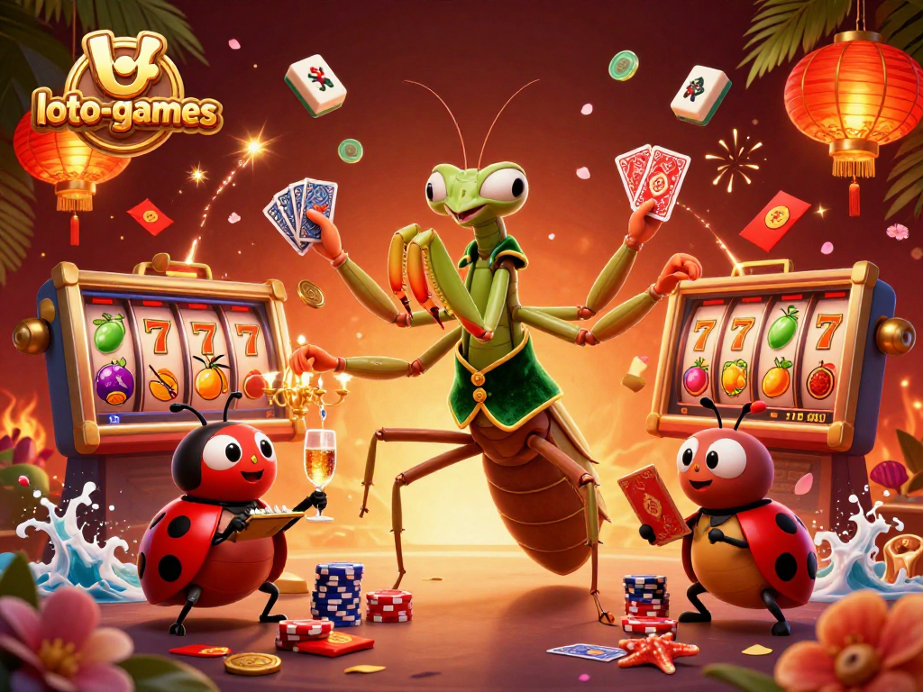 Engaging loto-games scene with a giant mantis and ladybug dealing cards and celebrating wins at the casino.