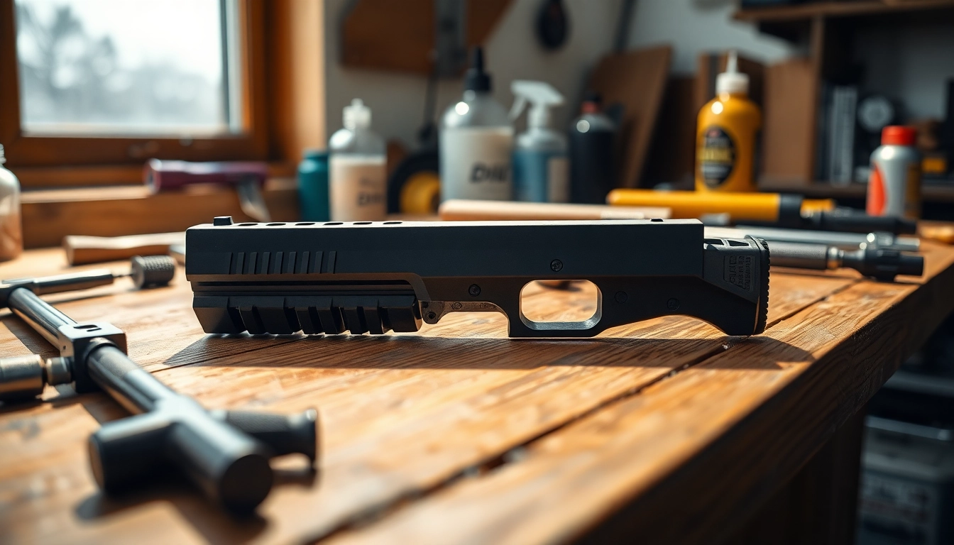 Detailed glock 17 slide showcased with gunsmithing tools on a workbench, highlighting precision craftsmanship.