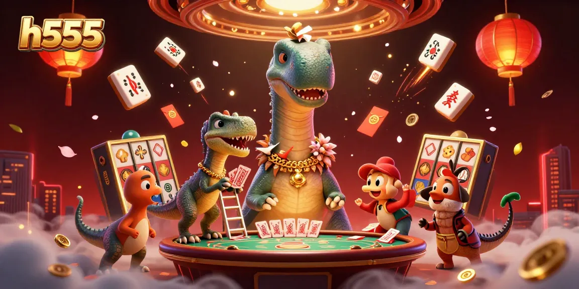 Experience the thrill of h555 with a brontosaurus overseeing a lively casino scene filled with dynamic games.