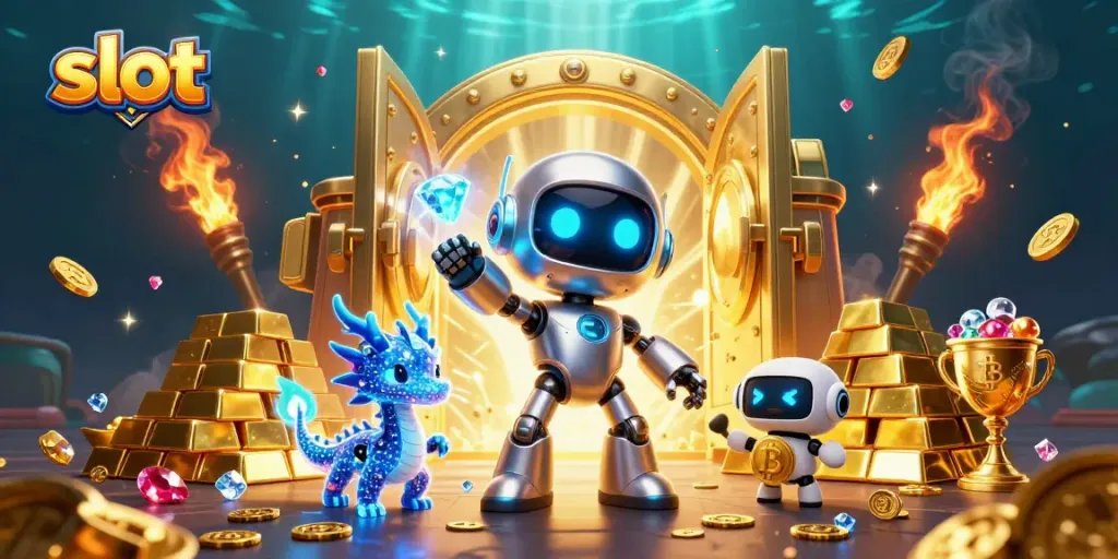Engage in thrilling slot action with vibrant robots and dazzling treasures in this 3D casino scene.