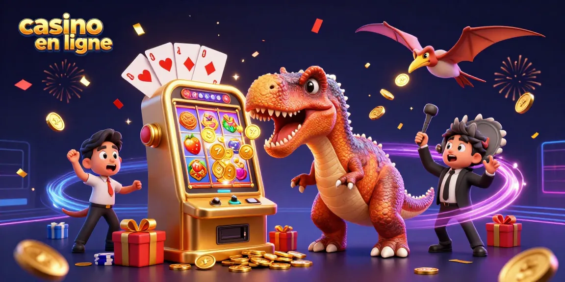 Un casino en ligne dynamique avec un pachycéphalosaure gagnant des pièces de jackpot sur une machine à sous.
