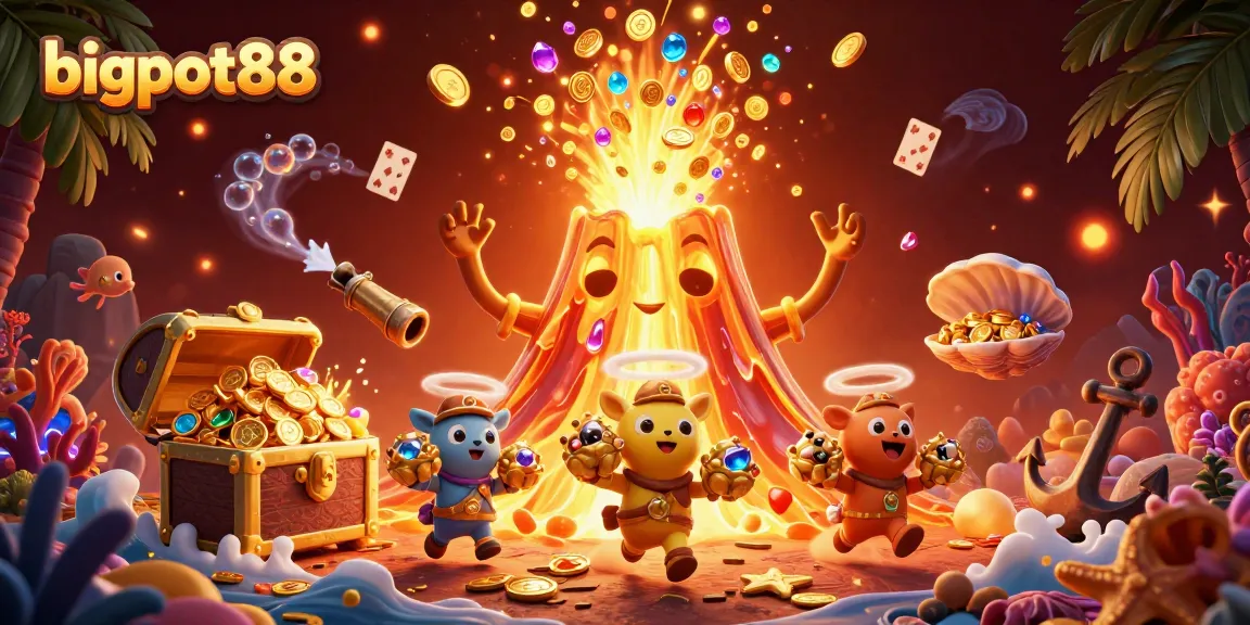 bigpot88 meriahkan suasana kasino dengan gunung berapi emas yang memuntahkan koin dan harta karun