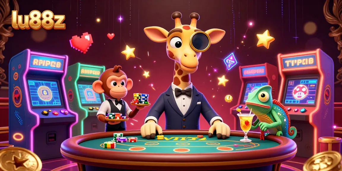Experience the thrill of gaming with lu88z's vibrant 3D cartoon illustration of a high-roller giraffe and casino elements.