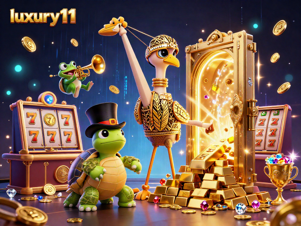 Experience luxury111 with a vibrant 3D casino scene, showcasing slot reels and golden treasures