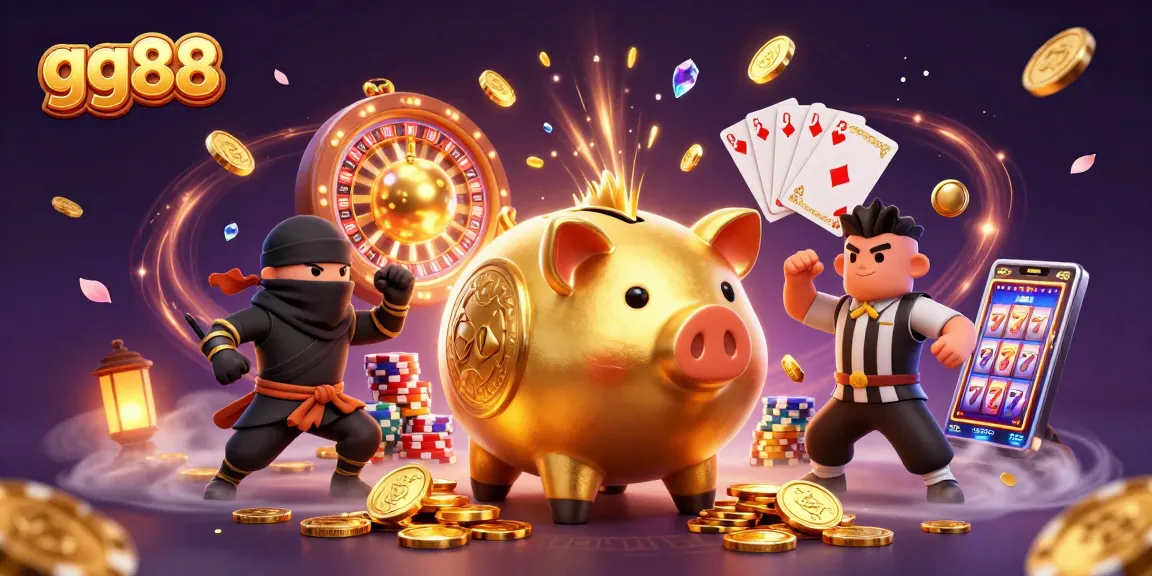 Experience thrilling gameplay with gg88, featuring golden coins, a sumo wrestler, and vibrant casino elements.