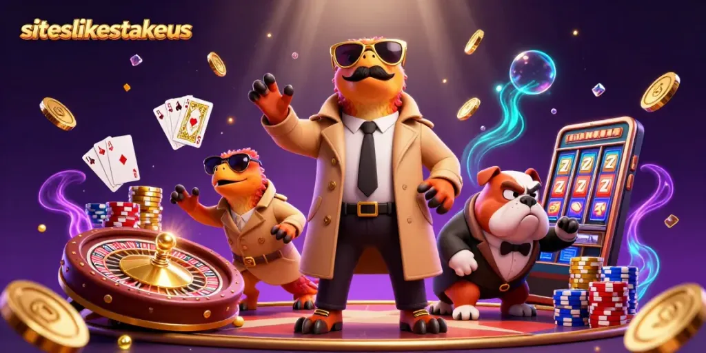 Enjoy exciting wins at siteslikestakeus while raptors hilariously enter a casino lounge.
