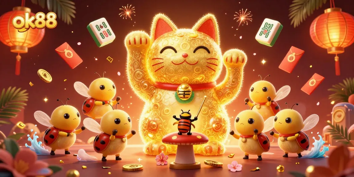 Engage with ok88's vibrant animated casino universe filled with golden symbols and lucky charm elements.