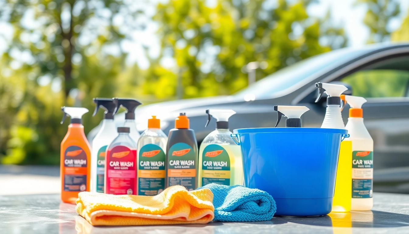 Showcasing a car wash kit for beginners with essential cleaning tools in a bright, outdoor setting.