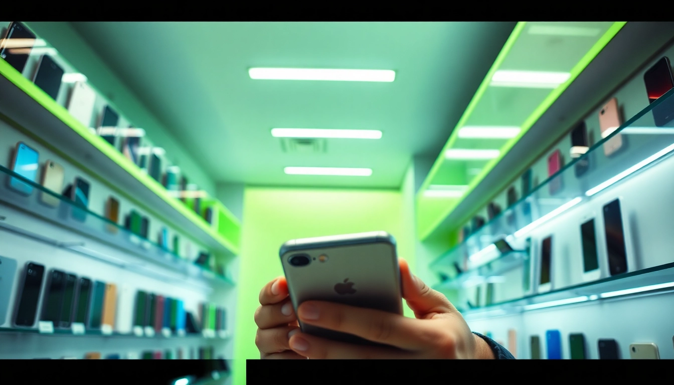 Used phone buyer evaluating refurbished smartphones in an electronics store setting.