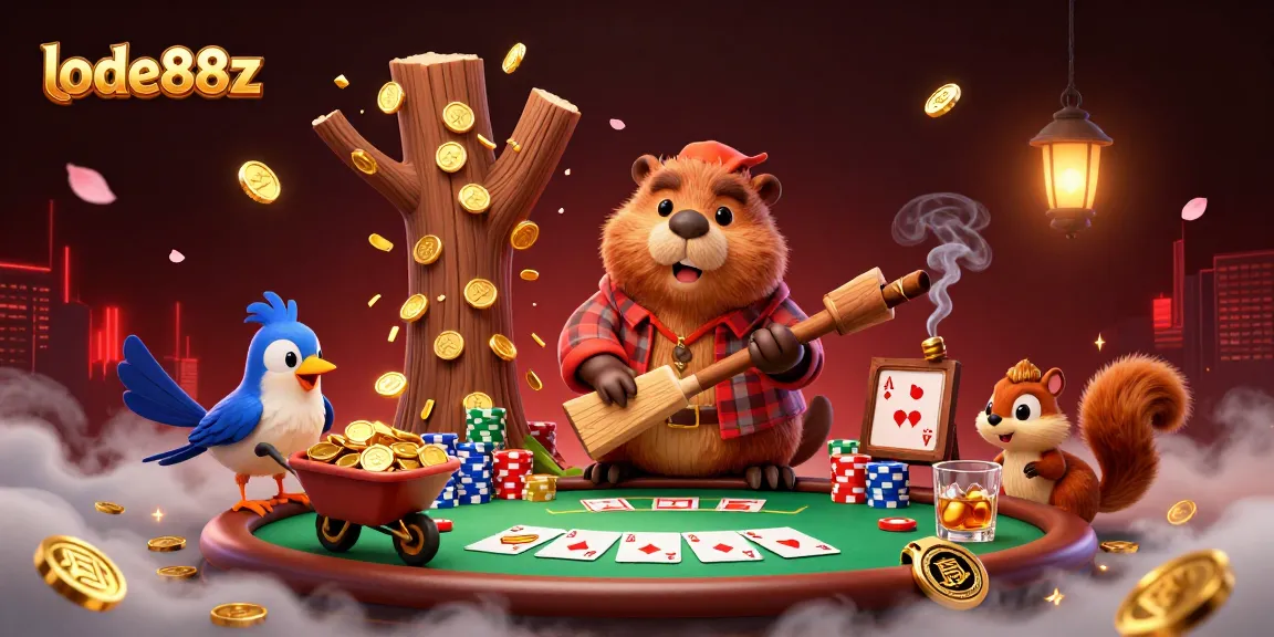 lode88z captures a vibrant casino scene with a beaver and friends amid poker elements, golden coins flowing