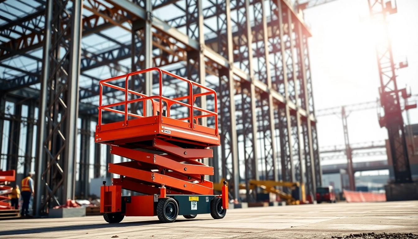 Scissor lift elevating workers at a busy construction site under bright sunlight.
