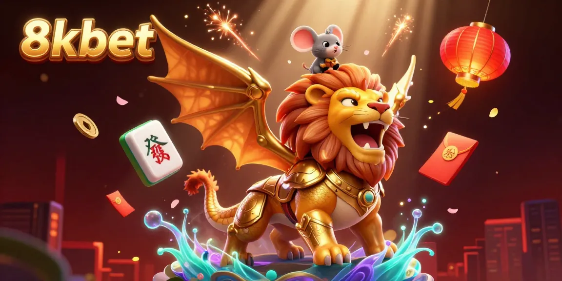 Join the adventure with 8kbet in this thrilling casino scene featuring a unique chimera and festive elements.