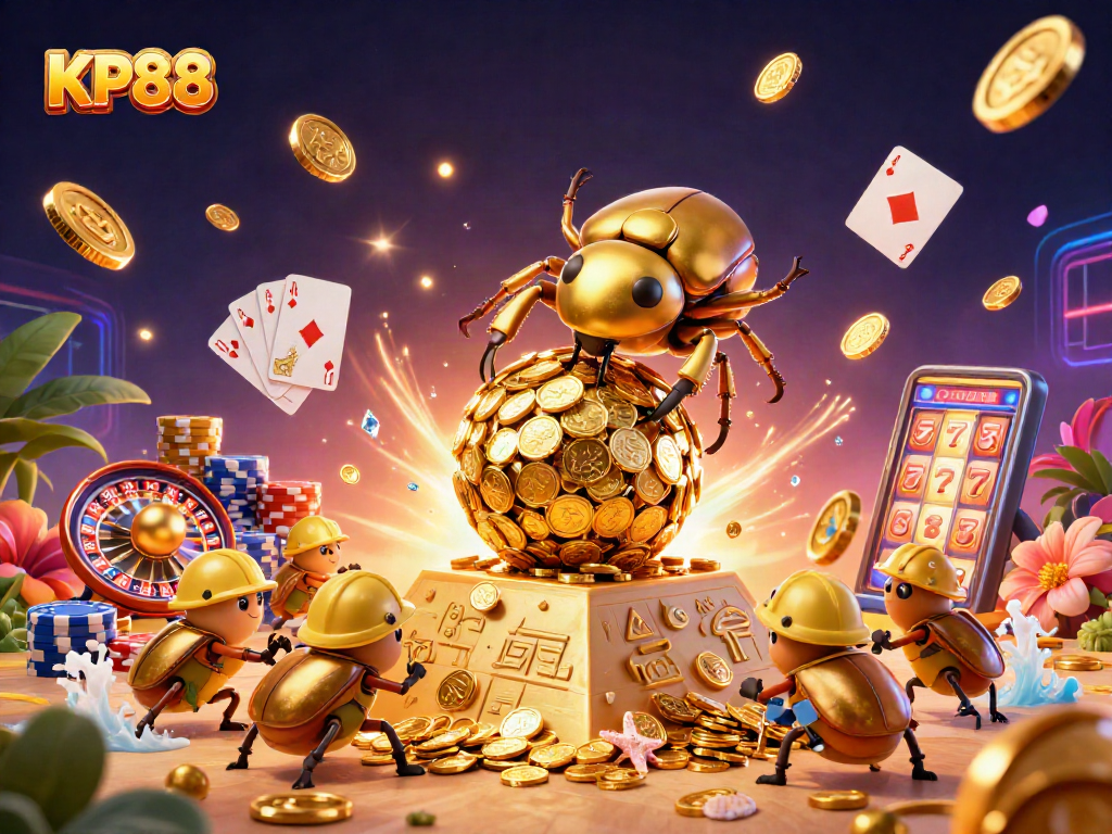 Spin to win with KP88 as a golden dung beetle rolls coins up a pyramid in a vibrant casino scene.