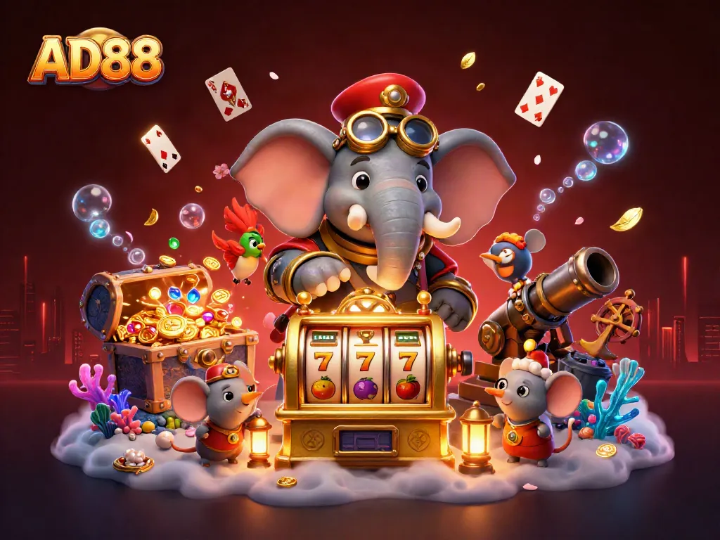 Engage with the AD88 slot experience as a steampunk elephant operates a vibrant jackpot machine.