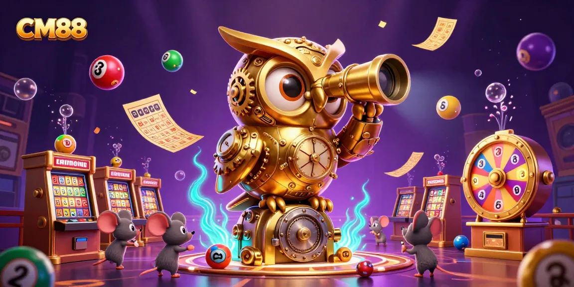 CM88's vibrant casino illustration featuring a golden owl scanning for excitement amidst lively games.