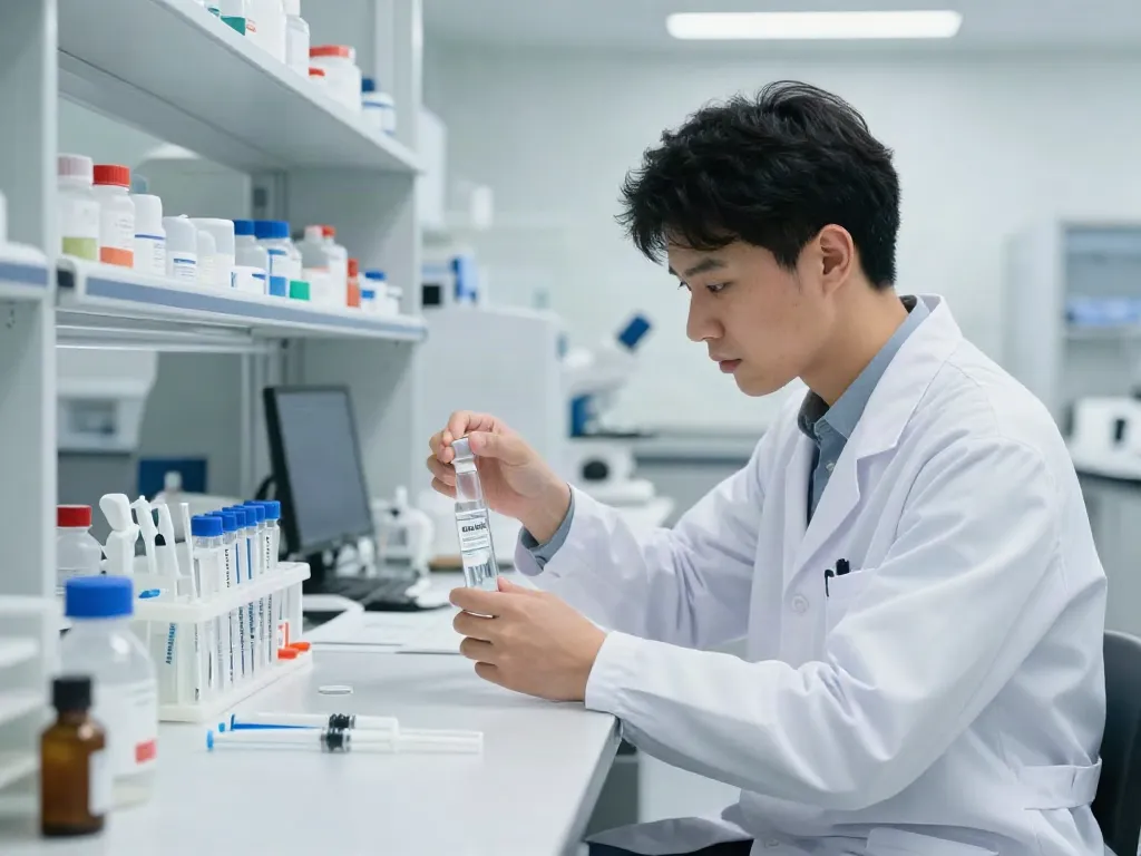 Scientist inspecting bac water for peptides in a modern lab.