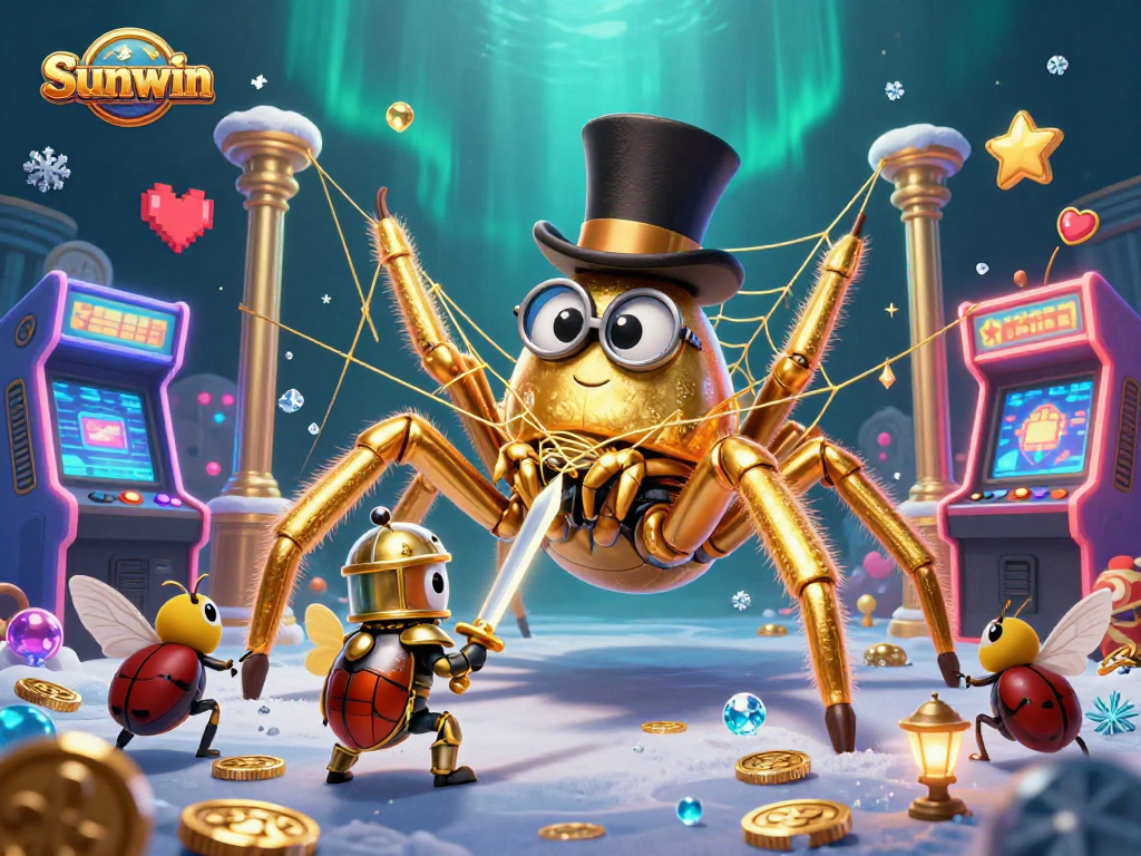 Join the adventure with Sunwin as a heroic beetle knight faces a golden tarantula in a dazzling casino wonderland.