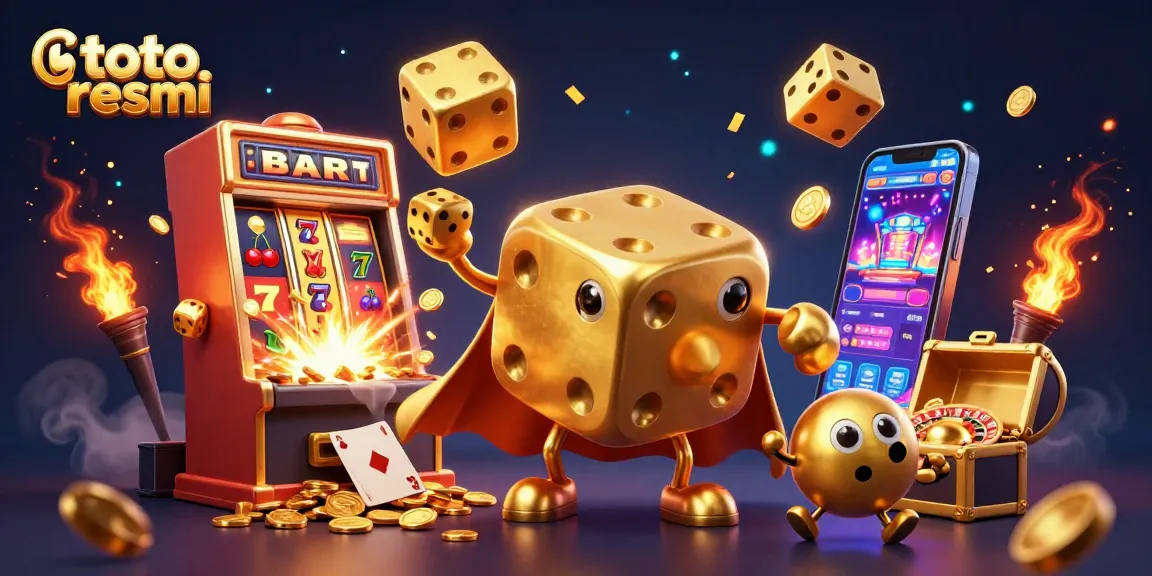 Gelanggang toto resmi dengan dadu emas dan mesin slot penuh koin yang mengagumkan.