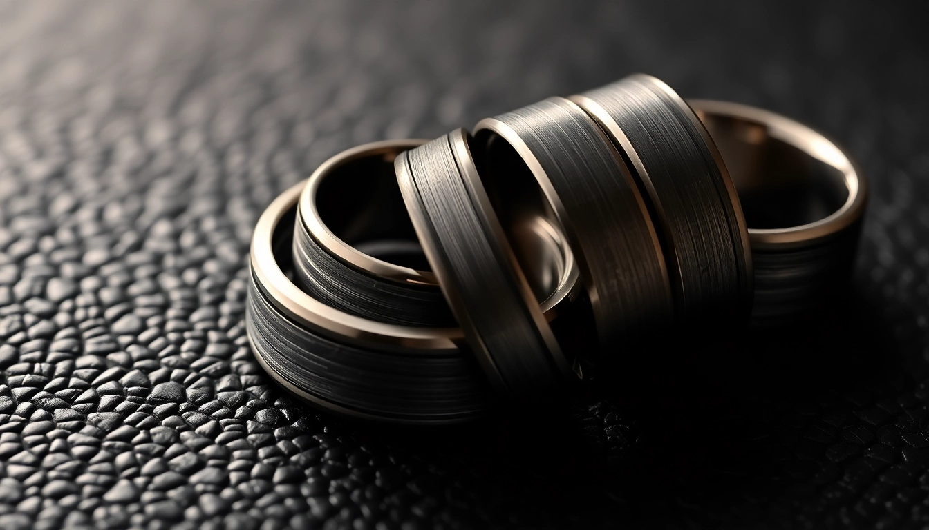 Showcasing Gunmetal Wedding Bands for Men with unique textures and modern designs.