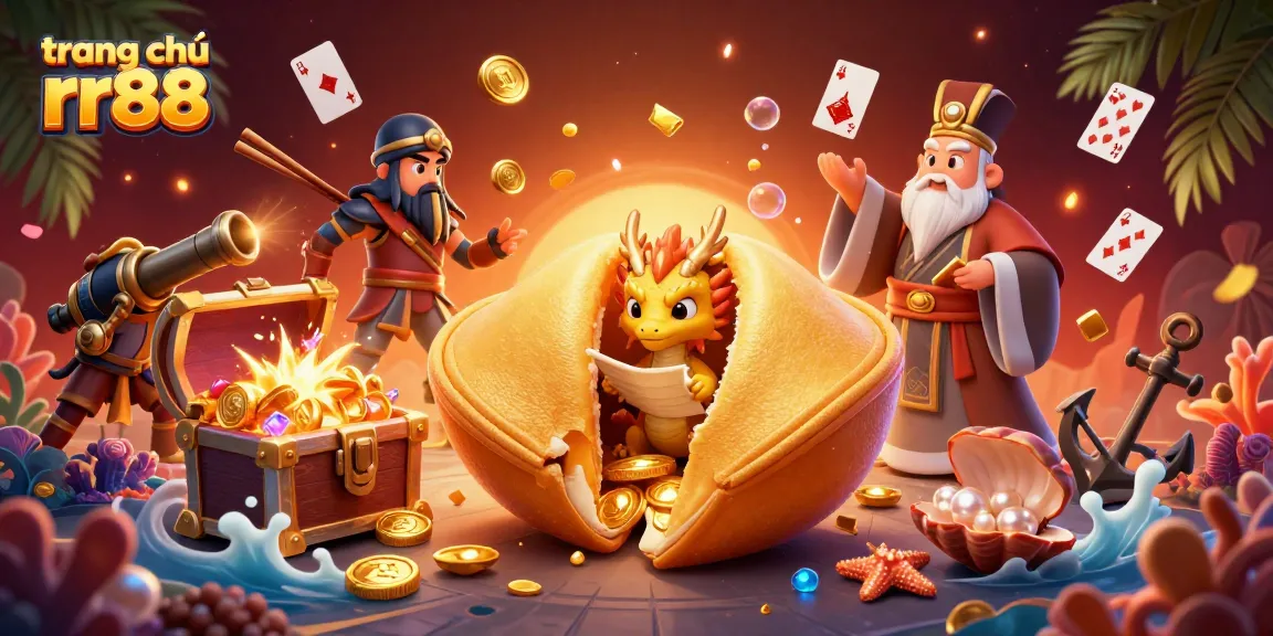 Engage with excitement at trang chủ rr88, featuring a golden fortune cookie, wise dragon, and dynamic game elements.