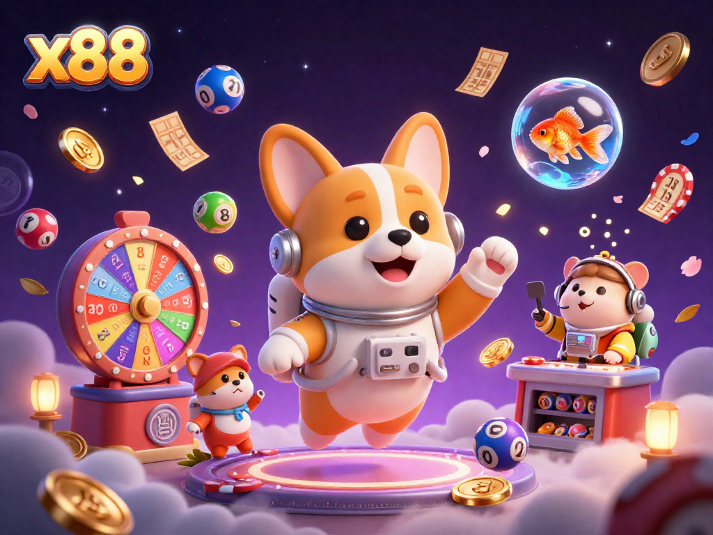 Experience the thrill of x88 with floating space-themed casino characters and vibrant gaming elements.