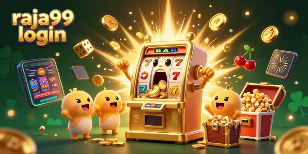 Experience raja99 login excitement with a lively illustration of a jackpot-winning slot machine surrounded by cheering characters.