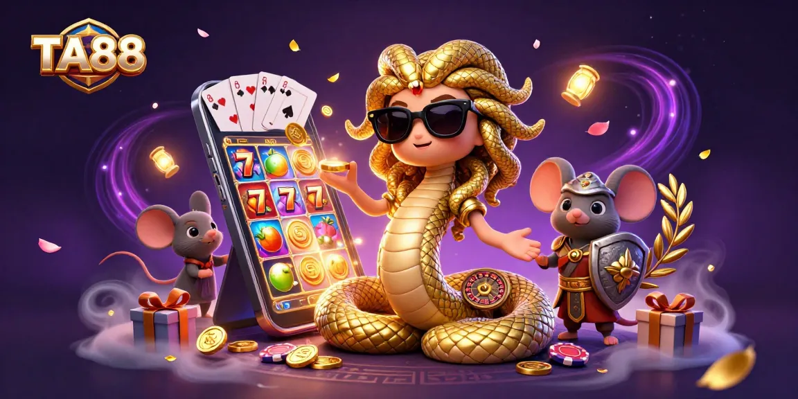 Engage with TA88's thrilling slots, featuring Medusa and a warrior mouse amid golden coins.
